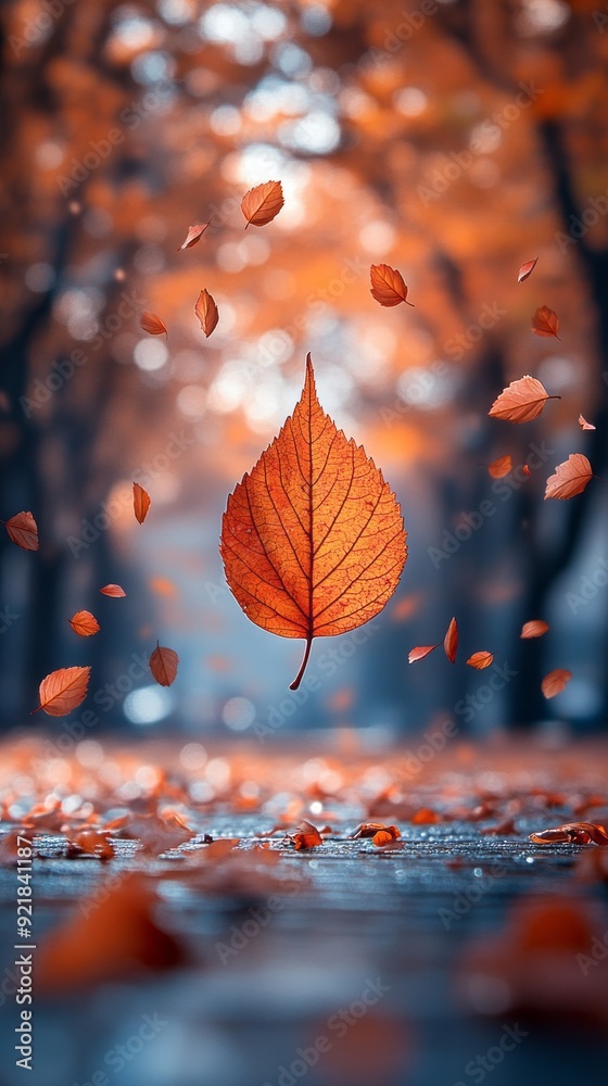 Poster a leaf is floating in the air above a pile of leaves