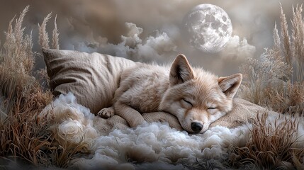   A serene painting of a slumbering dog amidst lush grass and a glowing moon in the backdrop