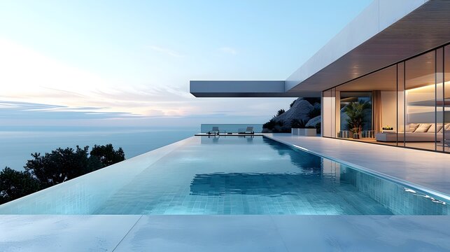 Sleek Modern Pool Surrounded by Contemporary Architecture and Scenic Sunset Views