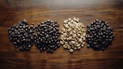 Roasted and green coffee beans on wooden surface.