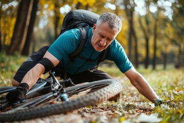 An active senior man in sportswear fell off his bicycle on the ground and injured his knee in a park in the autumn.