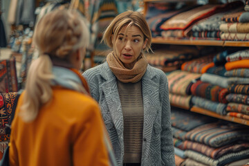 Obraz premium Young male client is discussing with a salesman about a carpet he is interested in buying in a store specialized in oriental carpets