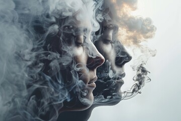 Ethereal smoke faces merging depicting the dual nature of smokings allure and danger