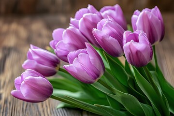 Fototapeta premium A bouquet of purple tulips on wood. This picture is perfect for spring or floral themes.