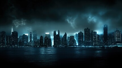 The skyline glows with bright lights reflecting on the water, while dark clouds create an atmospheric backdrop during the night