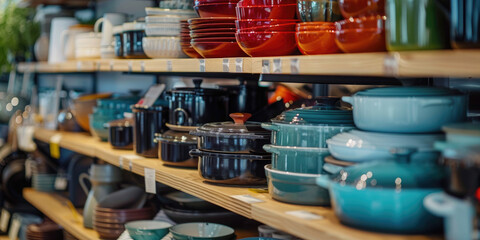 Colorful kitchenware displaying on wooden shelves and tabletop in modern kitchen. Pots, pans, plates, bowls, utensils, and ingredients are neatly organized