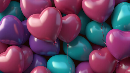 Multicolored Heart-shaped Balloon Love. Heart-shaped balloons made of pink, violet, and turquoise. 3D model creator.