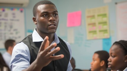 Teacher leading a classroom discussion, engaging students in active learning and participation