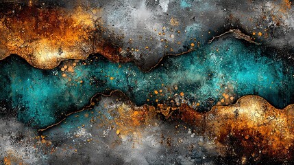 Naklejka premium Blue-yellow wave painting on black-white background with gold-silver accents