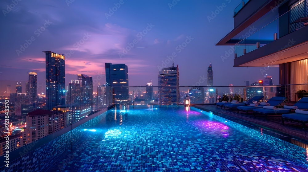 Sticker stunning rooftop pool with vibrant city skyline backdrop at night