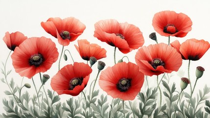 Fototapeta premium Dainty red poppies on a white background, with fine green stems and leaves, forming a vibrant and eye-catching floral pattern ideal for bold fashion statements