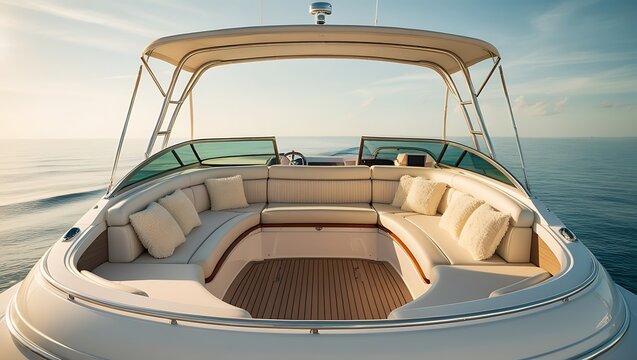 cabin cruiser with comfortable seating and a beautiful ocean backdrop