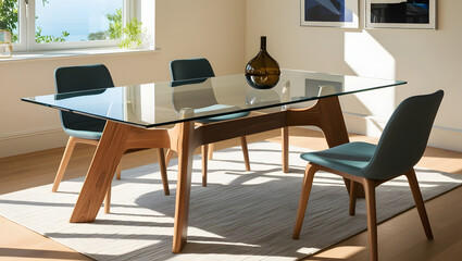 Contemporary glass dining table with wooden legs in a sunlit room.