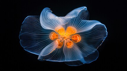 Obraz premium A close-up of an orange-lit jellyfish in black water