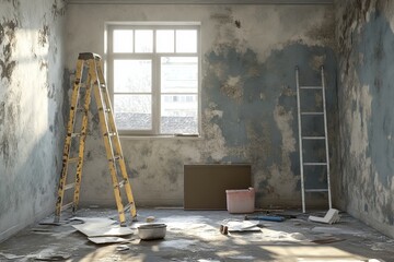 Apartment renovation concept  tools and materials stand in a dilapidated room   3d render