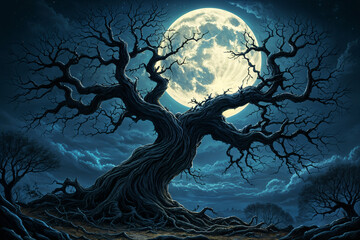 Fototapeta premium Large, gnarled tree with twisted branches reaching upwards towards the full moon.
