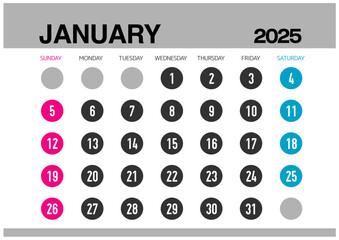 2025年の1月のカレンダー日曜始まり