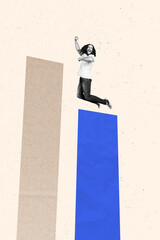 Vertical photo collage of happy businessman jump promotion chart development career growth statistics isolated on painted background