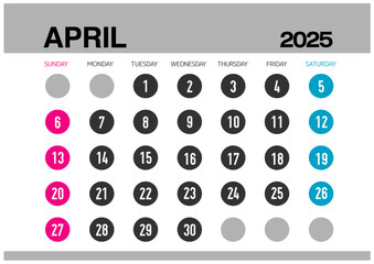 2025年の4月のカレンダー日曜始まり