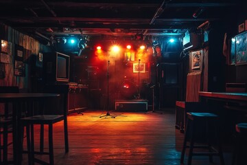Photography shot, A small live venue stage, where bands or hip-hop perform, dark lighting.