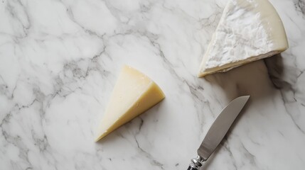 Two pieces of cheese and a butter knife on a white marble background.