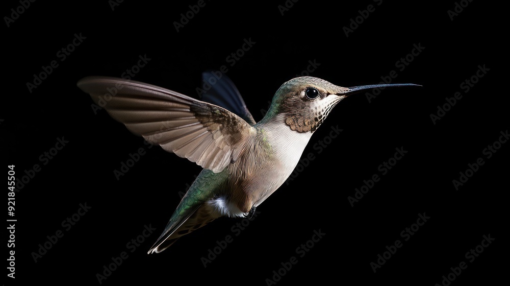 Wall mural Green-backed Hummingbird in Flight Against a Black Background