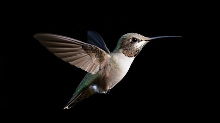 Fototapeta premium Green-backed Hummingbird in Flight Against a Black Background