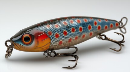 Detailed Fishing Lure with Colorful Pattern and Hooks on White Background
