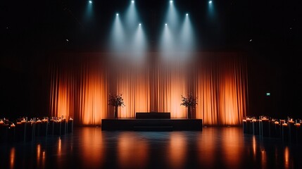  A stage with lights in front of a row of candles and vases on the side