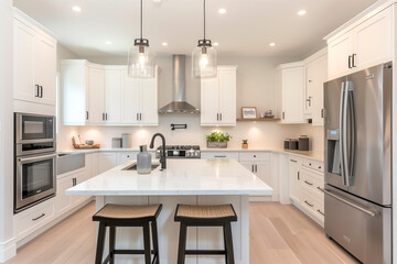 Bright modern kitchen with white cabinets, a marble island, stainless steel appliances, and minimalist pendant lighting, creating a welcoming and functional space