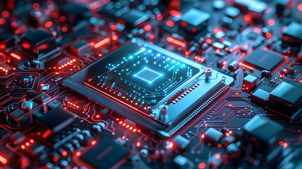 Fototapeta premium Abstract 3D Rendering of a Circuit Board with a Glowing CPU - Futuristic Technology