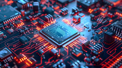 Fototapeta premium Circuit Board with CPU and Red Glowing Lines 3D Illustration