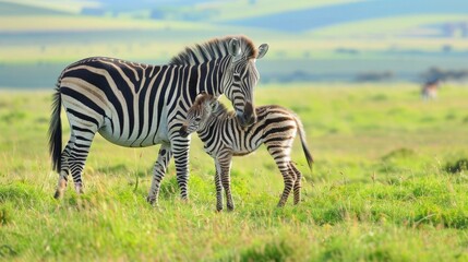 Obraz premium Maternal bond zebra foal nuzzling mother in serene meadow, harmonizing stripes in soft light