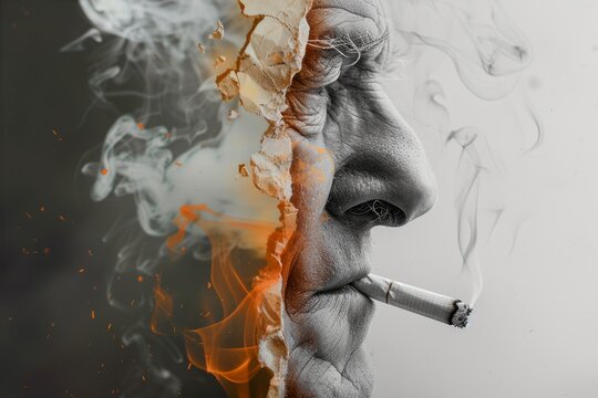 Creative representation of a head exploding into smoke depicting the mental and physical toll of smoking