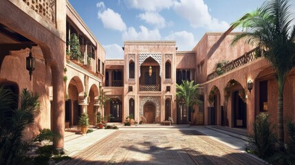 Fototapeta premium A traditional Middle Eastern courtyard with intricate archways and ornate balconies, sunlight streams through the open space, casting shadows on the tiled floor.