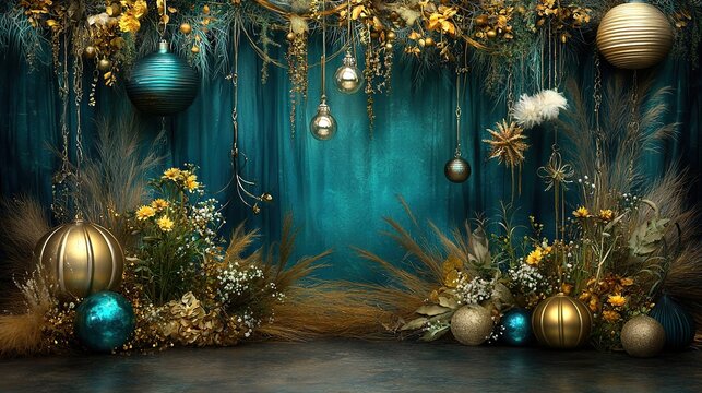   Blue and gold Christmas scene with baubles, flowers, feathers, and gold ornaments