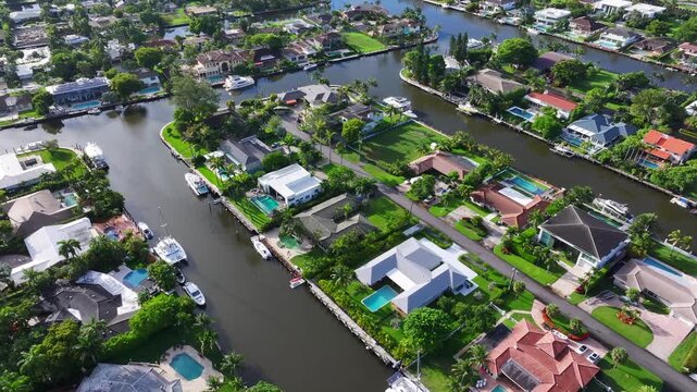 Luxurious waterfront homes with private docks along Florida Intracoastal canals. Boats and yachts line the calm water. Lush greenery surrounds modern residences with pools. Aerial.