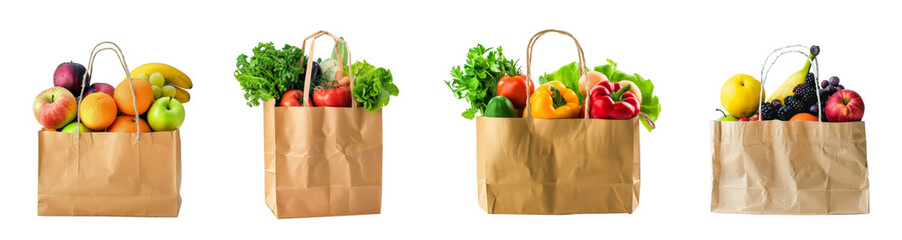 Grocery paper bag set full with fruits and vegetables isolated on background, healthy ingredient for food and dessert.