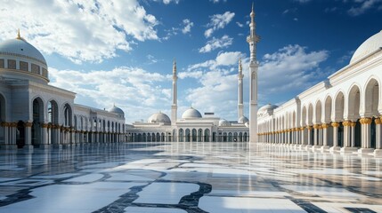 Fototapeta premium A white mosque with minarets and a courtyard with a reflective floor.