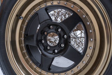 stylish sports black and bronze car rims elongated welded blue light for tuning and drift...