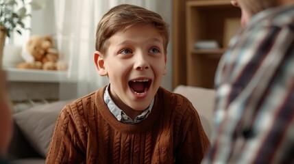 An Excited Boy Talks To A Psychologist, Expressing Emotions And Thoughts