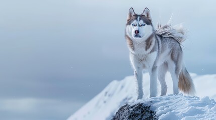 Fototapeta premium Husky Dog Standing on Snowy Mountain Peak
