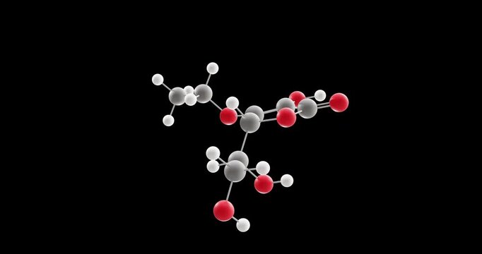 3-o-Ethylascorbic acid molecule, rotating 3D model of butenolide, looped video on a black background