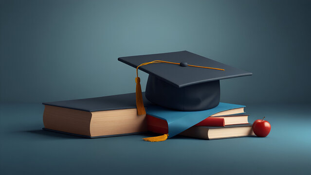 A stack of colorful textbooks and a graduation cap and deploma 
