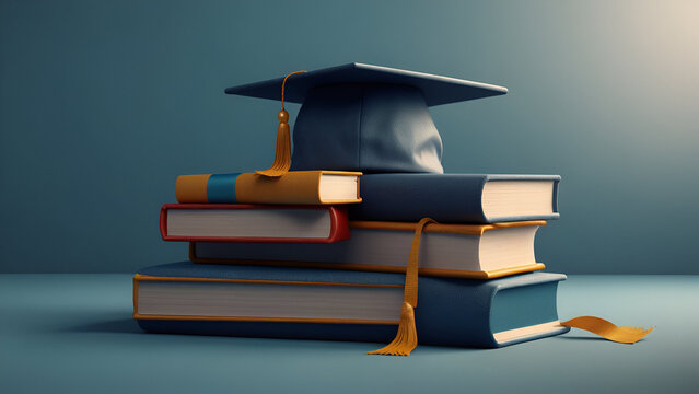 A stack of colorful textbooks and a graduation cap and deploma 
