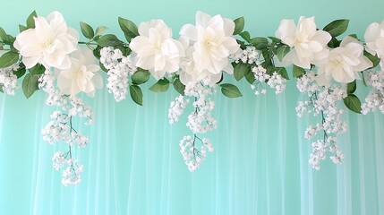 Obraz premium A cluster of white blossoms dangling from a wall's edge, alongside verdant foliage and more floral decorations