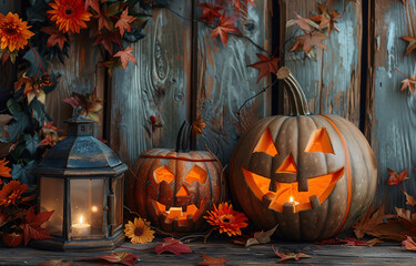 Obraz premium Banner for a website, vlog, or advertisement featuring spooky pumpkins for Halloween.