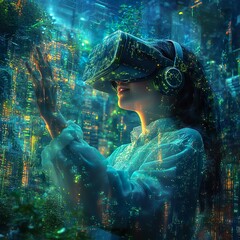 Person exploring a futuristic digital realm in virtual reality picture