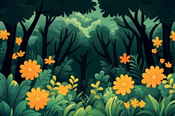 Obraz premium A vibrant, cartoon-style illustration of a lush forest filled with bright orange flowers and rich green foliage.