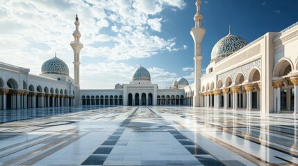 Fototapeta premium A view of a grand mosque with a large courtyard, white marble floors, and multiple domes and minarets.